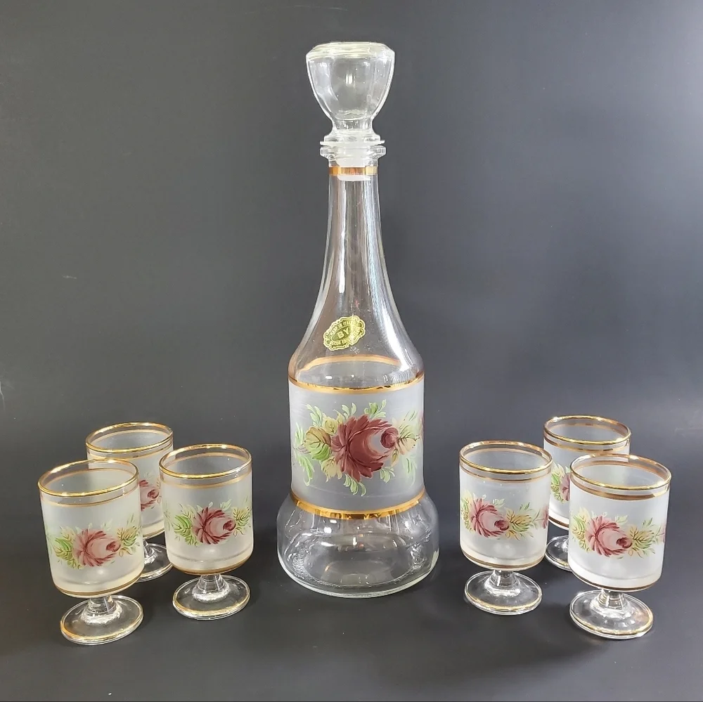 Cristallerie Hand-Painted Decanter & Glass Set MCM 1960s Made in Italy Vintage